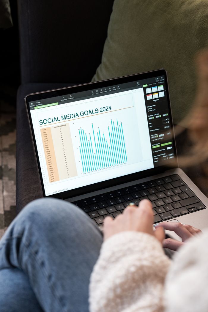 journey Woman reviewing 2024 social media goals chart on laptop indoors.
